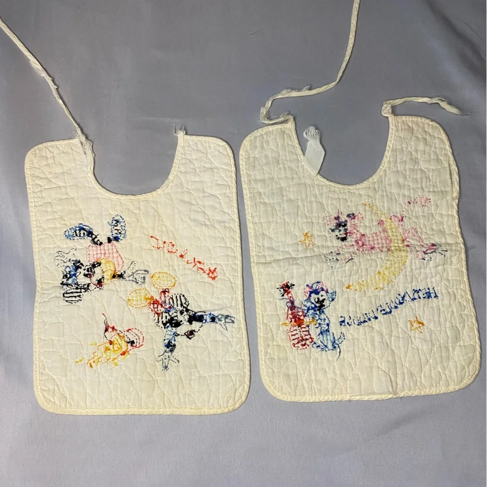 Vintage Bibs cross Stitched Embroidered Mickey Minnie‎ Figaro Cow Nursery Rhymes